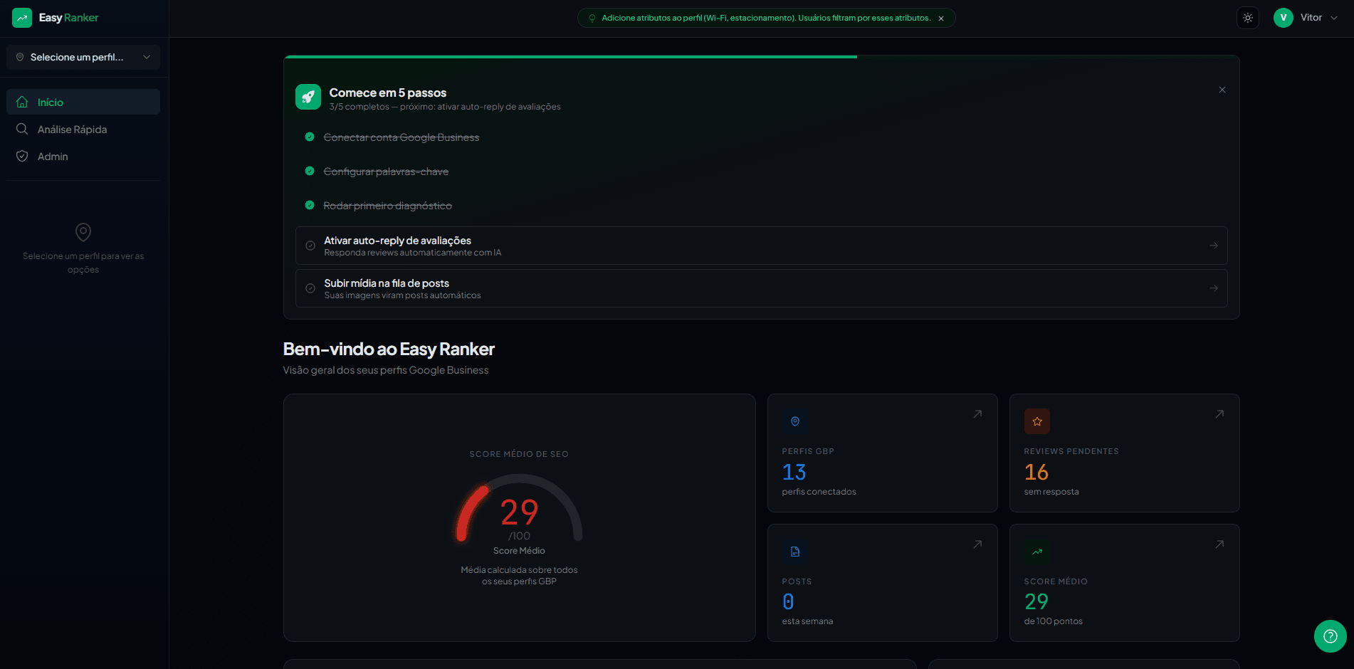 Página inicial do Easy Ranker — pontuação média agregada, avaliações pendentes e configuração em 5 passos